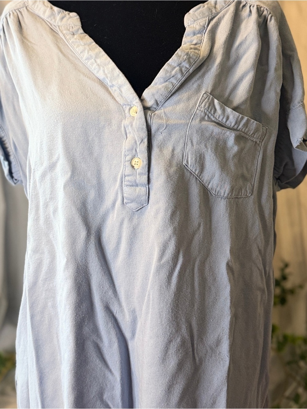 Light Blue Henley Blouse XL Casual Short Sleeve Pocket Soft Relaxed Top